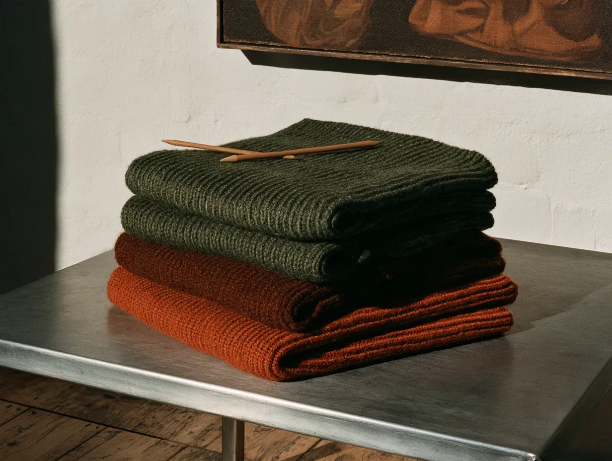 Stack of folded green and rust ribbed knits with wooden needles on a steel table