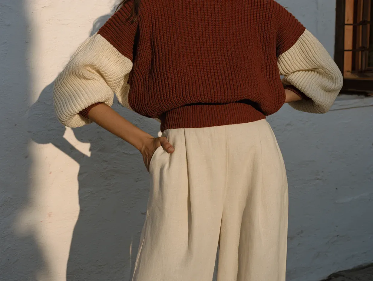 Back view of a rust ribbed sweater with cream sleeves and linen trousers against a white wall