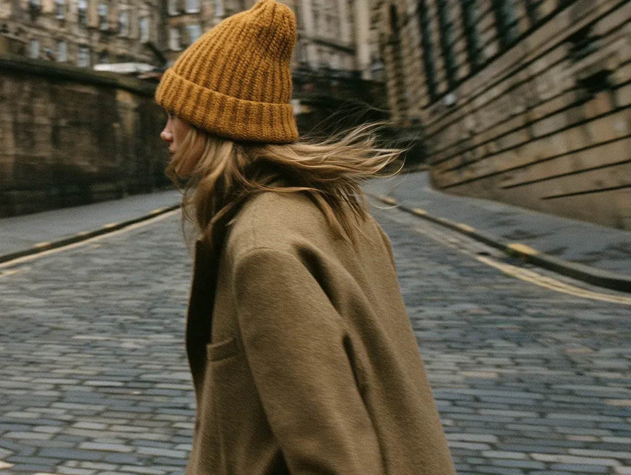 Woman in a mustard ribbed beanie and camel wool coat walking down a cobbled street